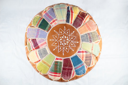 Kilim and Leather Moroccan Pouf